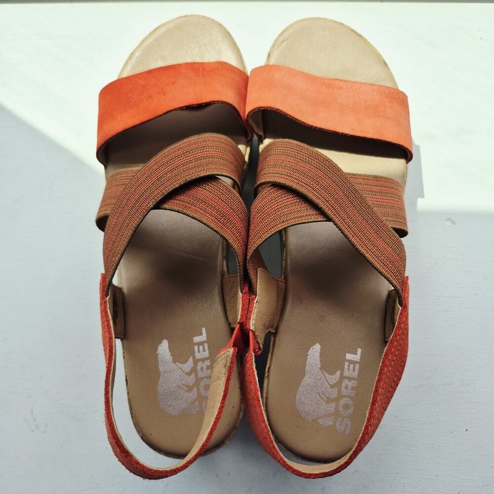 Sorel Cameron Flatform Sandals Womens 9 Orange Red Suede Cork Platform Slingback - Picture 5 of 9